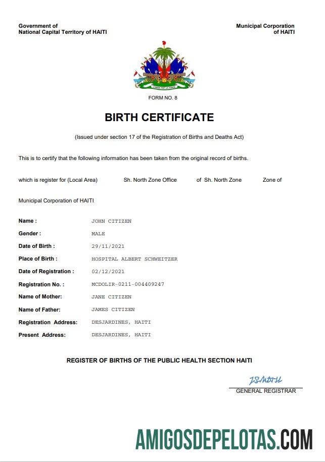 Imprimível modelo Word e PDF de certidão de nascimento de registro vital do Haiti